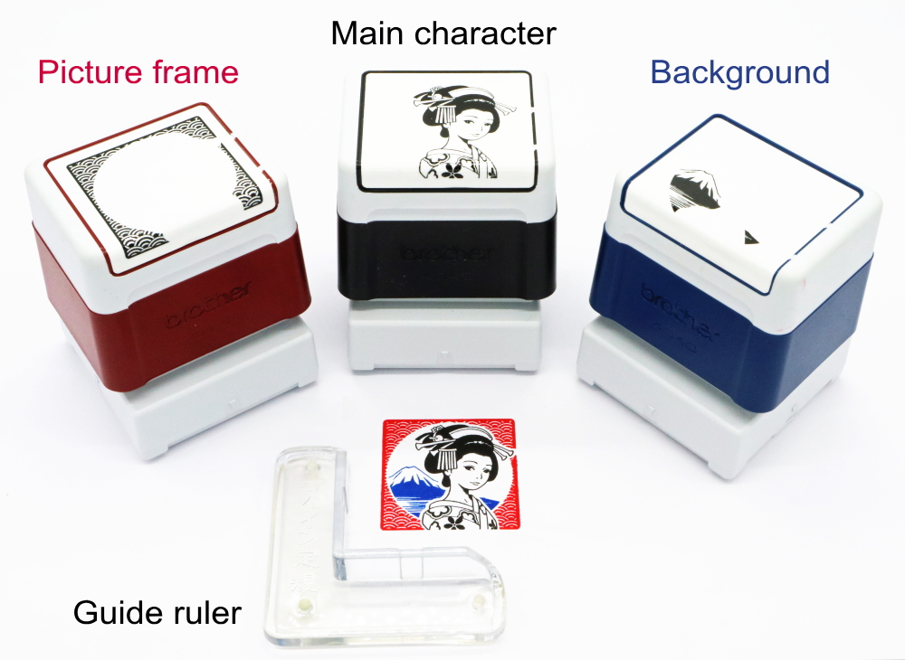 HANKO JAPONISM consists of 3 deferent color stamps with a guide ruler.